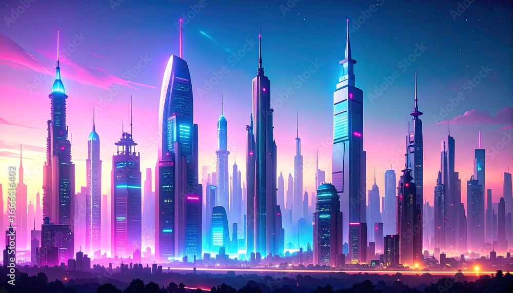 Fototapeta premium Futuristic Cityscape with Neon Glow and Skyscrapers.