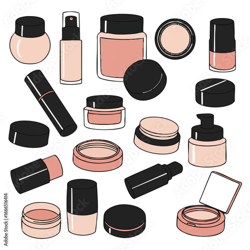 Vibrant 2D flat vector illustration of various makeup product caps and lids, featuring minimalist clean lines and solid colors, isolated on a pristine white background.
