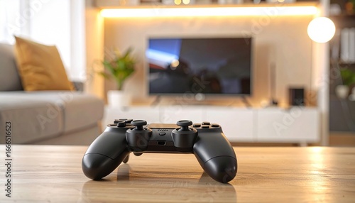 Black video game controller on wooden table in cozy modern living room with flat-screen TV, ambient lighting, plants, and sofa—evoking tech comfort, leisure, and immersive home gaming.