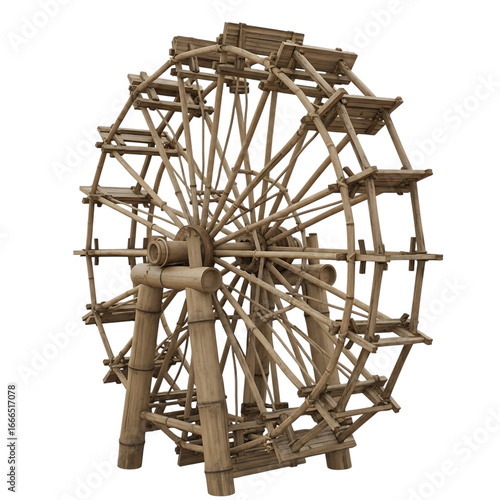 Traditional bamboo water wheel mechanism, isolated on transparent background