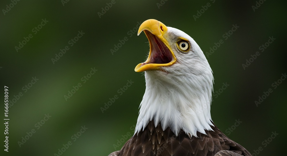Fototapeta premium Majestic Bald Eagle with Open Beak Against Dark Green Background