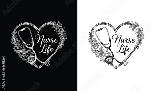 Nurse Life Heart Stethoscope Floral T-Shirt Design, Medical Healthcare Nursing Graphic, SVG PNG Sublimation Print
