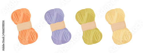 Wool for crochet, knitting. Skein, ball, bobbin set. Isolated flat vector.