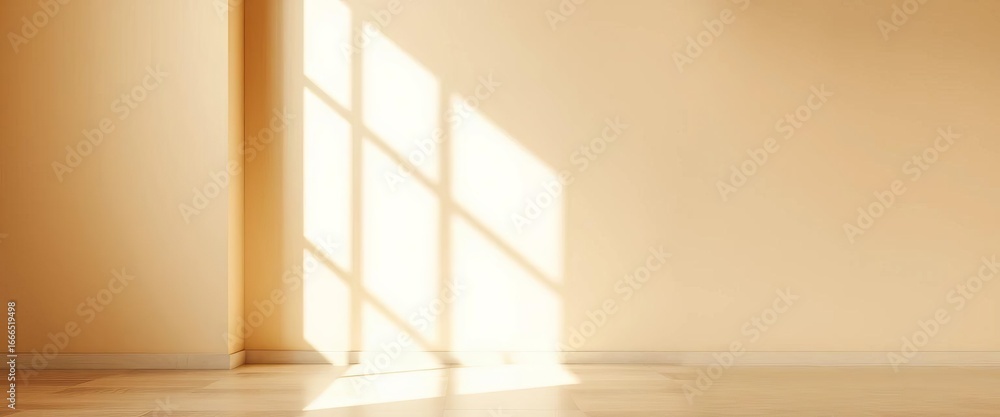 Fototapeta premium Subtle beige backdrop, soft window light & shadow play on wall, ideal for product display, texture, wall