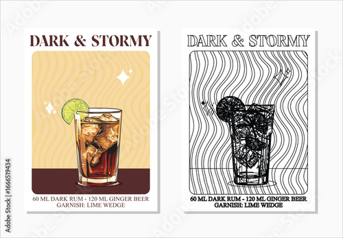 Cocktails retro poster set. Dark and Stormy. Collection of popular alcohol drinks. Vintage style vector illustrations, bar, pub, restaurant, kitchen wall art