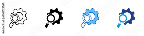Gear Search Multiple Style Icon Vector Design - Magnifying glass over gear, representing system diagnostics or configuration search