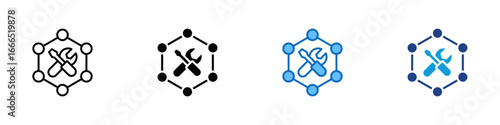 Network Tools Multiple Style Icon Vector Design - Hexagonal network nodes with wrench and screwdriver, symbolizing system tools across a network