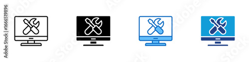 PC Tools Multiple Style Icon Vector Design - Desktop monitor with crossed wrench and screwdriver, symbolizing computer repair or system tools