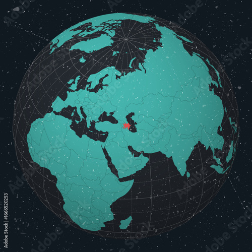 Azerbaijan on Globe. Vintage look with grunge scratched texture. Country view on world map in Dark Charcoal Turquoise color palette. Azerbaijan shape on map. Globe with meridians and parallels.