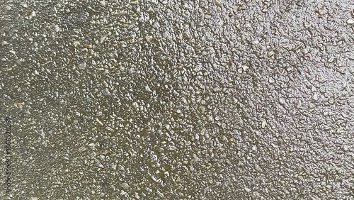 A close-up, high-angle view of a wet asphalt or gravel surface, with water making the rough texture and small stones glisten.