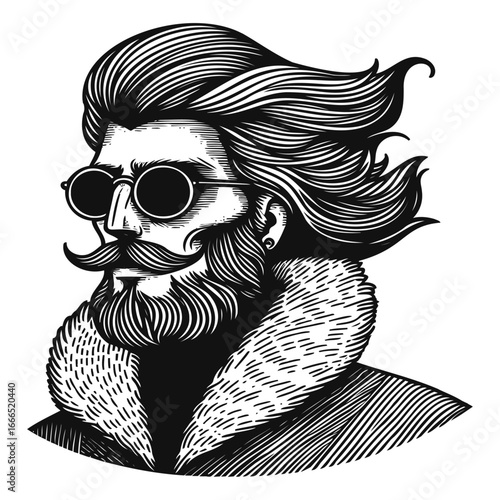 Portrait of bearded man in round sunglasses, flowing hair retro glasses collared coat.