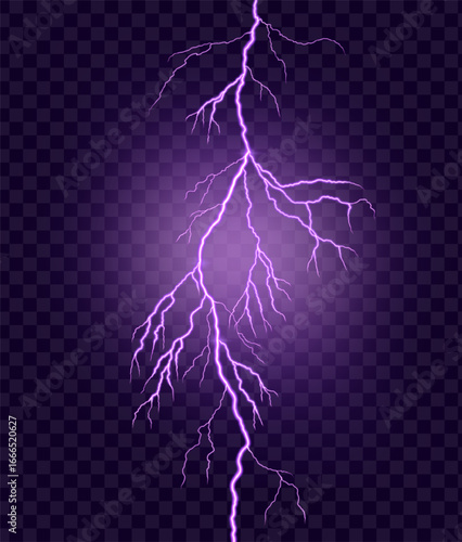 Lightning in the sky on a transparent background. Natural phenomenon thunderstorm, thunder. rain. Vector illustration.