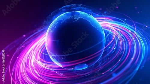 Digital Earth Globe with Orbiting Light Trails Animation