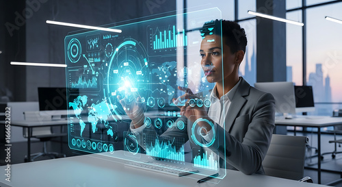 Woman interacting with holographic interface in modern office setting with city view ai generated
