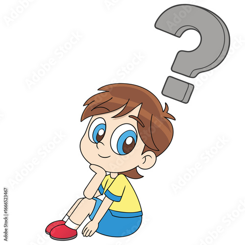 Cartoon boy with brown hair, large blue eyes, yellow shirt with blue trim, blue shorts, white socks, and red shoes, sitting with one hand on his cheek beside a large gray question mark.