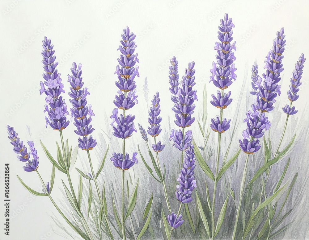Fototapeta premium Watercolor illustration of vibrant lavender plants with purple flower spikes and green foliage.