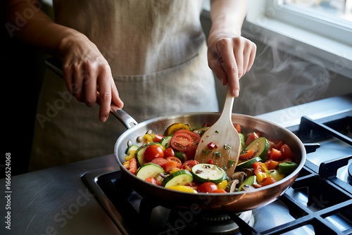 Savor the fresh flavors of vibrant vegetables expertly sautéed in a classic pan, creating a healthy and delicious culinary experience.