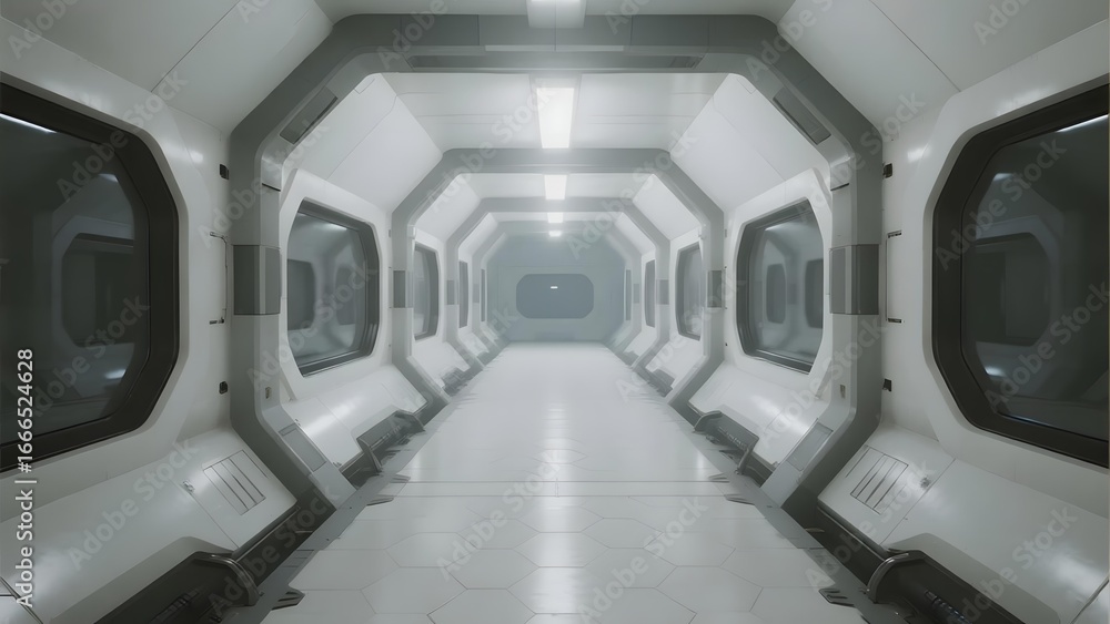 Obraz premium Modern, sleek interior of a futuristic corridor with hexagonal tiles and symmetrical design