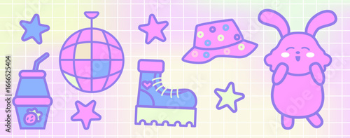 Kpop Aesthetic Fashion and Dance Elements in Pastel Colors with Bunny and Disco Ball on Gradient Background.