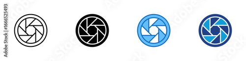 Camera Lens Multiple Style Icon Vector Design - Circular camera lens aperture symbol, representing photography, focus, or camera equipment