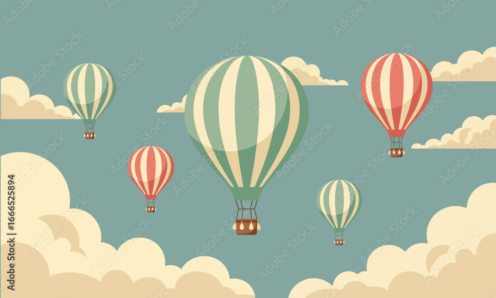 Obraz premium Vintage style illustration of striped hot air balloons floating in a cloudy sky. A retro vector design for travel, adventure, and freedom concepts.