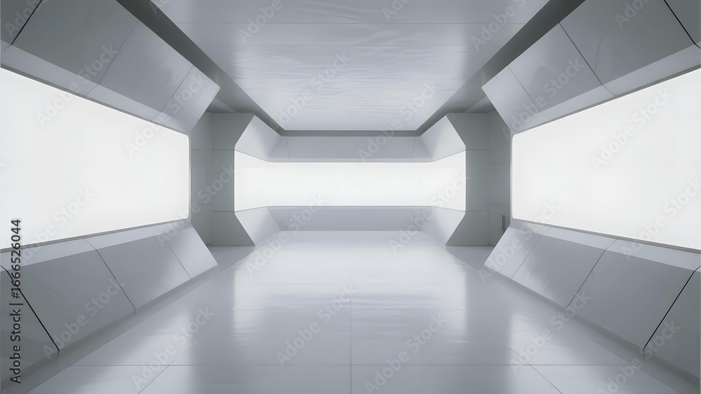 Fototapeta premium Modern minimalist interior with sleek white walls, floor, and ceiling, featuring large windows.