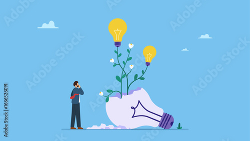 Businessman look at seedling bright lightbulb idea plant grow from broken one. Fail to success, aspiration and effort to invent new innovation, learn from mistake or motivation to success.