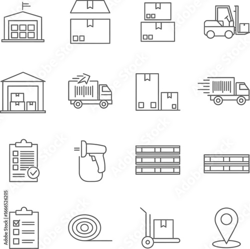 Warehouse and logistics icons set for shipping and delivery services