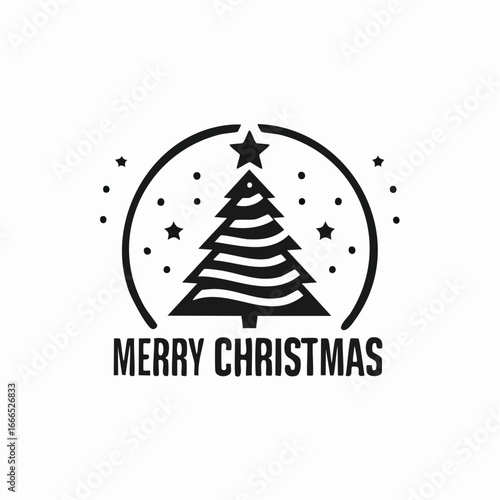 Nowoczesne logo „Merry Christmas” w minimalistycznym stylu, czarno-biała typografia, mała ikona choinki i gwiazdy, prosta kompozycja, flat vector.