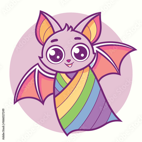 Adorable Cartoon Baby Bat Wrapped in Rainbow Swaddle, Kawaii Style, Pastel Colors, Cute, Happy, Childish Illustration, Perfect for Children's Products