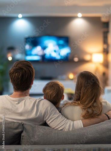 Una famiglia seduta su un divano mentre guarda la televisione insieme.