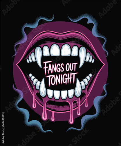 Vampire Lips with Fangs Out Tonight Text for Halloween Party Invitation