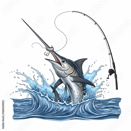 Realistic vector illustration of swordfish marlin jumping with bending fishing rod