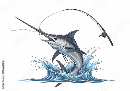 Realistic vector illustration of swordfish marlin jumping with bending fishing rod