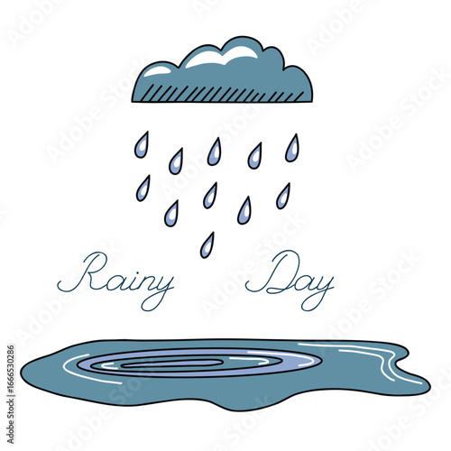 Rain, cloud and puddle vector elements on isolated background. Overcast and rainy day illustration suitable for posters, focal prints on clothes, bags, notebooks cover