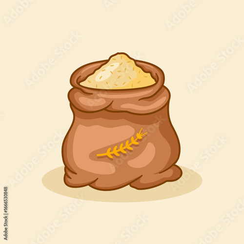 Wheat in a sack is designed in a flat cartoon style, isolated on yellow background. Wheat seeds. Triticum aestivum L.