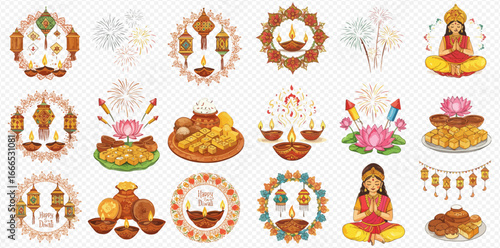 A vibrant collection of illustrated icons for the Diwali festival, featuring diyas, lanterns, sweets, fireworks, and the goddess Lakshmi.
