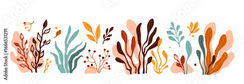 Autumn leaves and plants, abstract organic shapes. Modern art of fall foliage. Hand drawn set of autumn tree leaves, branches, bushes and berries. Abstract plants silhouettes, vector illustration