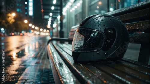 Close-up of a wet motorcycle helmet resting on a bench in a city street at night with reflections from rain and lights.