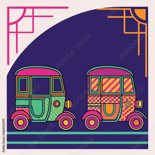 Vibrant Vector Illustration of Two Colorful Auto Rickshaws in Art Deco Style, Featuring Geometric Patterns and Bold Lines, Ideal for Travel, Culture, and Transportation Themed Designs.