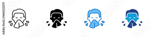 Sneezing Multiple Style Icon Design Vector - Person sneezing with droplets, indicating allergy, flu symptoms, or viral transmission