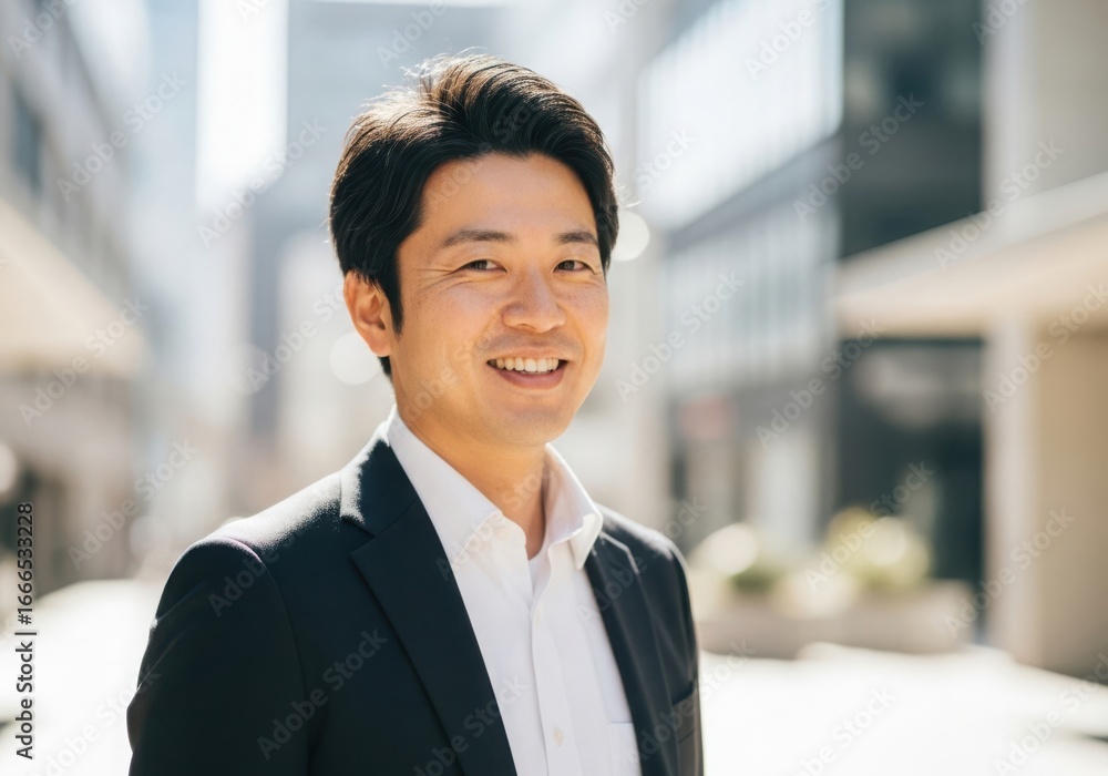 Smiling asian businessman in a suit on a city street Smiling asian businessman in a suit on a city street