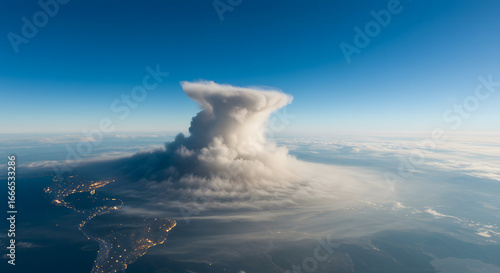  Majestic Cloud Formation: An awe-inspiring aerial perspective showcases a massive cloud formation dominating the skyline, portraying the raw power and beauty of atmospheric phenomena. 