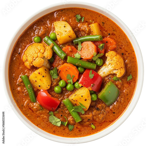 Photo of a vibrant bowl of mixed vegetable curry, a flavorful and spicy indian dish, isolated on transparent background