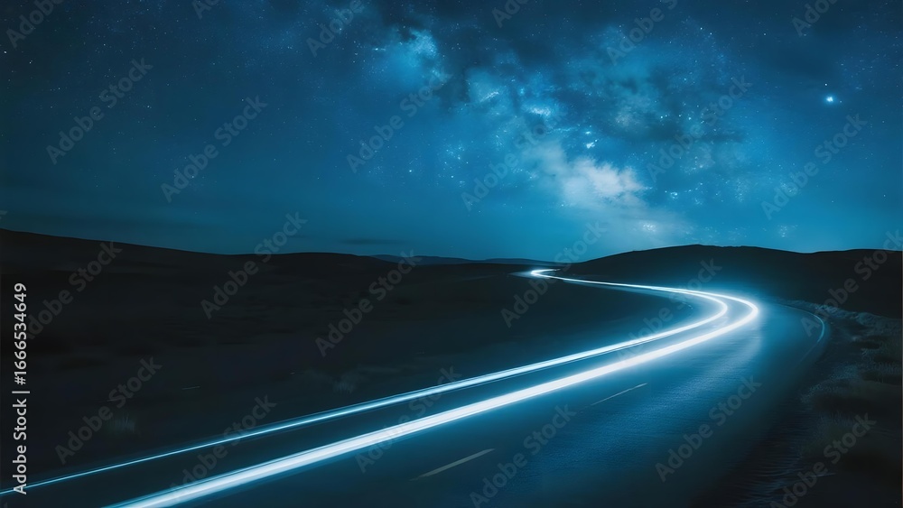 Fototapeta premium Nighttime Road with Starry Sky and Light Trails