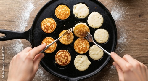 Authentic Dutch Mini Pancakes Cooking Process in a Rustic Skillet