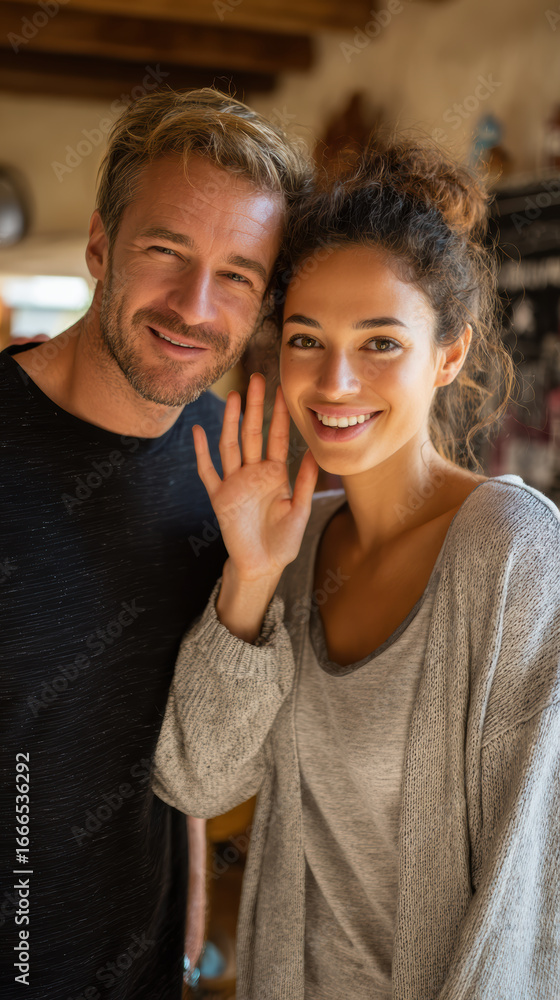 Fototapeta premium Happy young couple smiling and communicating with sign language