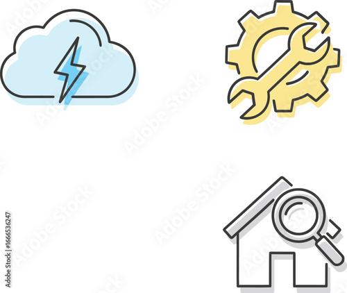 Three distinct icons representing cloud technology mechanical repair and home inspection services