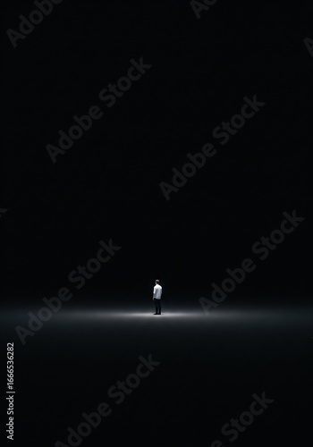 Solitary Man Standing in a Dark, Illuminated Space