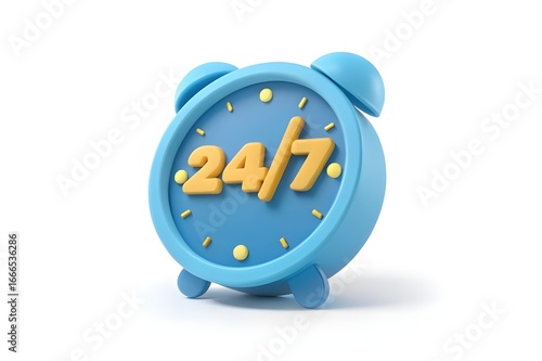 3D cartoon-style 24/7 clock icon, bright playful design for customer support and service